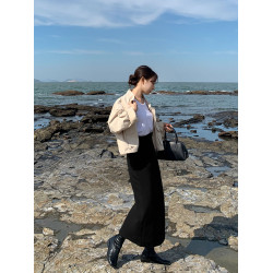 黑色羅馬棉中長款一步裙寬松休閒裙女2025高腰顯瘦開叉裙包臀長裙