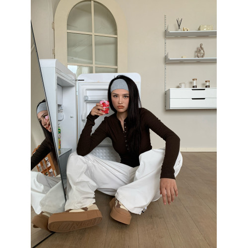 Sarahwildnesd美式棕色長袖T恤女早秋修身美拉德半開領打底衫上衣