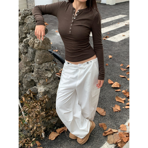 Sarahwildnesd美式棕色長袖T恤女早秋修身美拉德半開領打底衫上衣