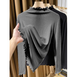 半高領木耳邊長袖打底衫女2025秋季新款莫代爾螺紋內搭修身上衣女