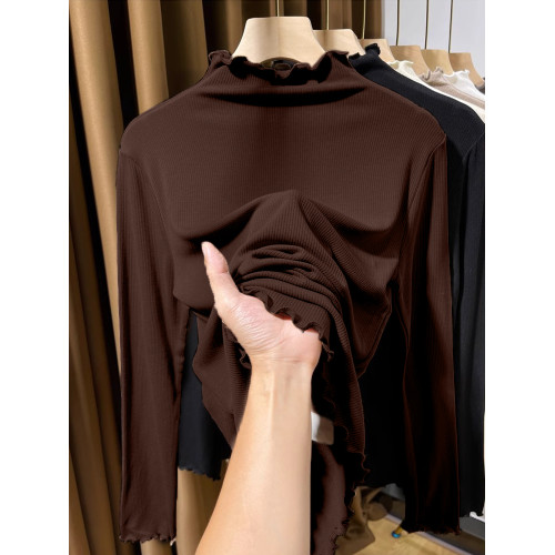 半高領木耳邊長袖打底衫女2025秋季新款莫代爾螺紋內搭修身上衣女