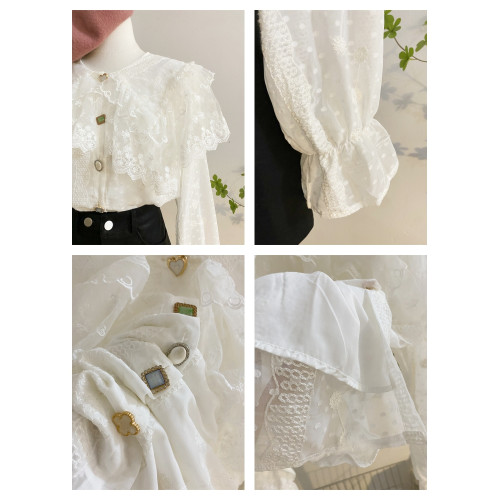 重工蕾絲花邊娃娃領襯衫女秋冬設計感小衆寬松甜美刺綉雪紡衫上衣