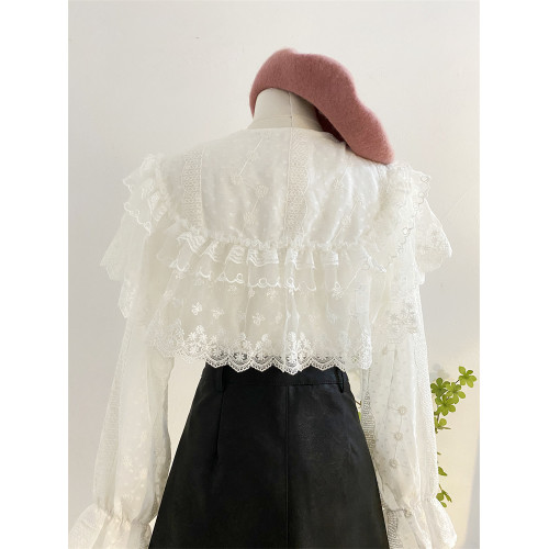 重工蕾絲花邊娃娃領襯衫女秋冬設計感小衆寬松甜美刺綉雪紡衫上衣