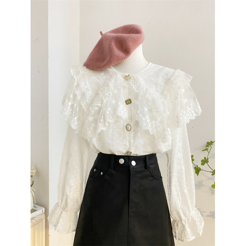 重工蕾絲花邊娃娃領襯衫女秋冬設計感小衆寬松甜美刺綉雪紡衫上衣