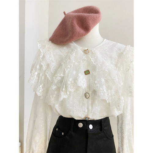 重工蕾絲花邊娃娃領襯衫女秋冬設計感小衆寬松甜美刺綉雪紡衫上衣