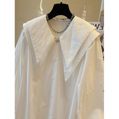 春秋雙層大翻領白色襯衫女2025年新款設計感氣質長袖寬松休閒上衣