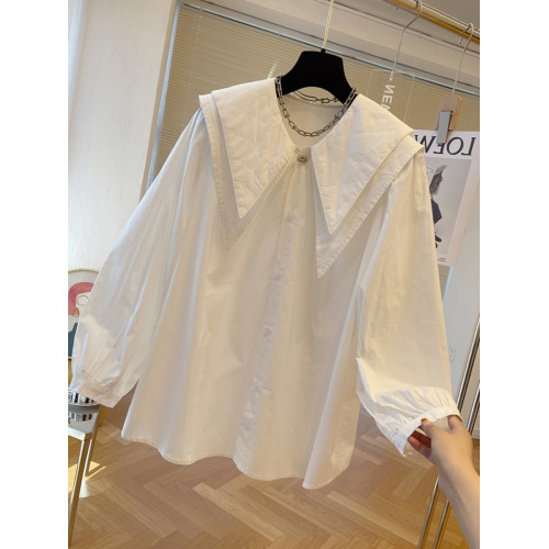 春秋雙層大翻領白色襯衫女2025年新款設計感氣質長袖寬松休閒上衣