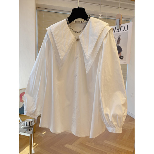 春秋雙層大翻領白色襯衫女2025年新款設計感氣質長袖寬松休閒上衣