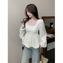 大碼方領長袖襯衫女秋季法式微胖遮肚字顯瘦娃娃衫高級感短款上衣