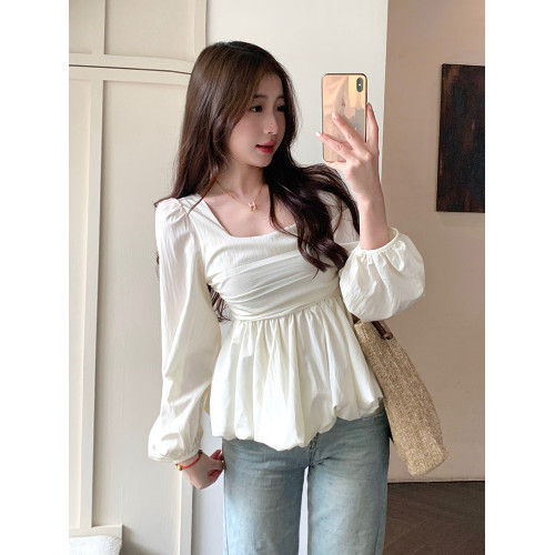 大碼方領長袖襯衫女秋季法式微胖遮肚字顯瘦娃娃衫高級感短款上衣