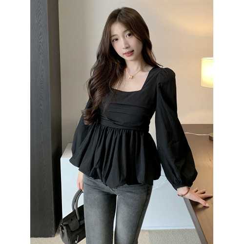 大碼方領長袖襯衫女秋季法式微胖遮肚字顯瘦娃娃衫高級感短款上衣