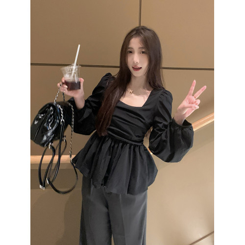 大碼方領長袖襯衫女秋季法式微胖遮肚字顯瘦娃娃衫高級感短款上衣