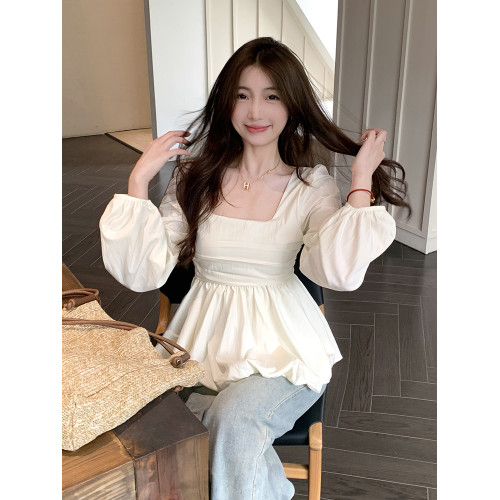 大碼方領長袖襯衫女秋季法式微胖遮肚字顯瘦娃娃衫高級感短款上衣