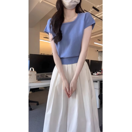 多巴胺藍色針織收腰圓領短袖T恤女夏款法式掐腰酷颯拽姐別致上衣 多巴胺藍色針織收腰圓領短袖T恤女夏款法式掐腰酷颯拽姐別致上衣