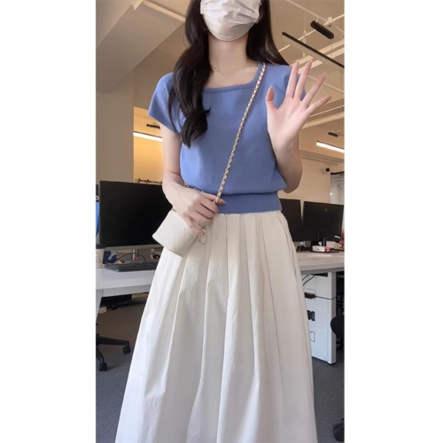 多巴胺藍色針織收腰圓領短袖T恤女夏款法式掐腰酷颯拽姐別致上衣 多巴胺藍色針織收腰圓領短袖T恤女夏款法式掐腰酷颯拽姐別致上衣