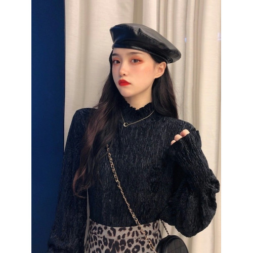 大碼女裝泡泡袖高領內搭打底衫秋冬正肩長袖上衣胖mm遮肉顯瘦t恤