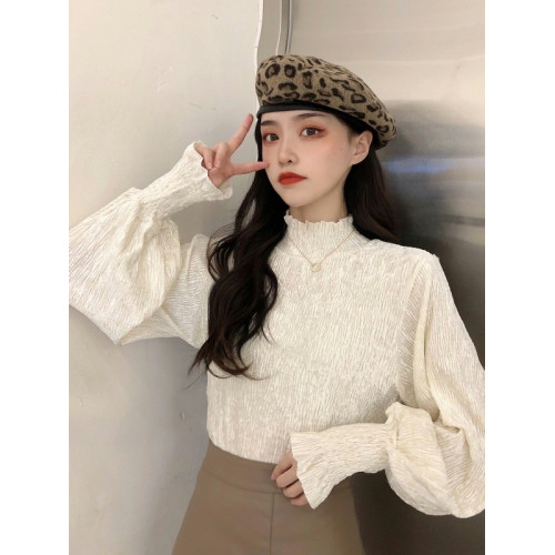 大碼女裝泡泡袖高領內搭打底衫秋冬正肩長袖上衣胖mm遮肉顯瘦t恤