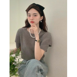 正肩短袖t恤女夏季設計小衆高級感顯瘦灰色高級感法式泡泡袖上衣