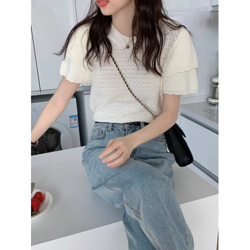 正肩短袖t恤女夏季設計小衆高級感顯瘦灰色高級感法式泡泡袖上衣