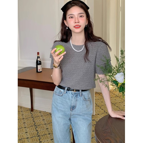 正肩短袖t恤女夏季設計小衆高級感顯瘦灰色高級感法式泡泡袖上衣