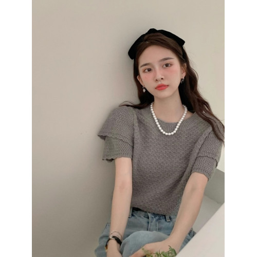 正肩短袖t恤女夏季設計小衆高級感顯瘦灰色高級感法式泡泡袖上衣