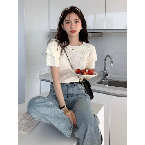 正肩短袖t恤女夏季設計小衆高級感顯瘦灰色高級感法式泡泡袖上衣