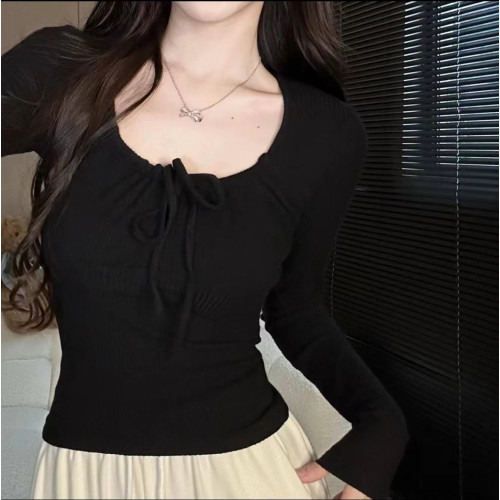 大碼辣妹方領長袖T恤秋季2025新款女裝胖mm性感超顯身材的上衣女