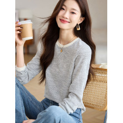 拉夏貝爾Puella2025年冬季小香風正肩圓領長袖T恤女休閒拼色上衣