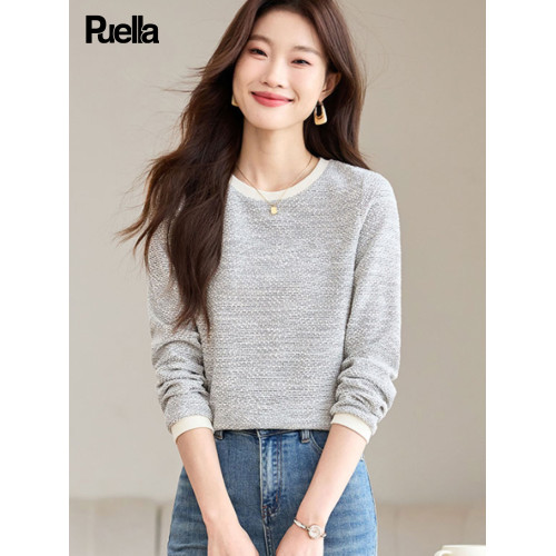 拉夏貝爾Puella2025年冬季小香風正肩圓領長袖T恤女休閒拼色上衣