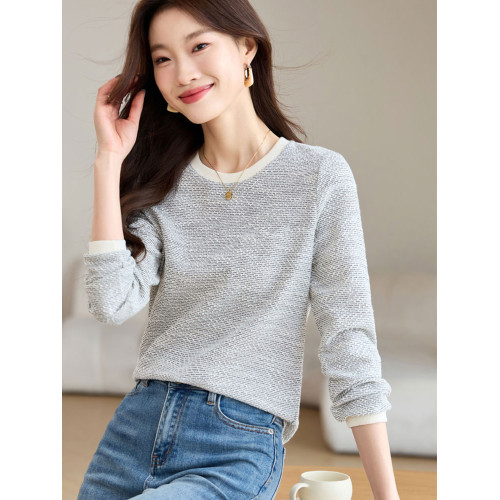 拉夏貝爾Puella2025年冬季小香風正肩圓領長袖T恤女休閒拼色上衣