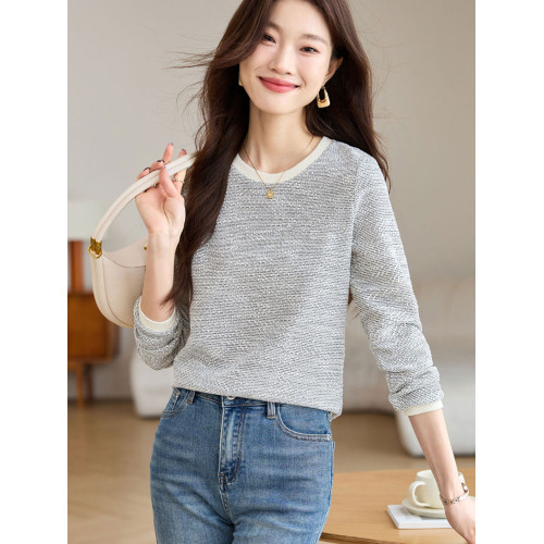 拉夏貝爾Puella2025年冬季小香風正肩圓領長袖T恤女休閒拼色上衣