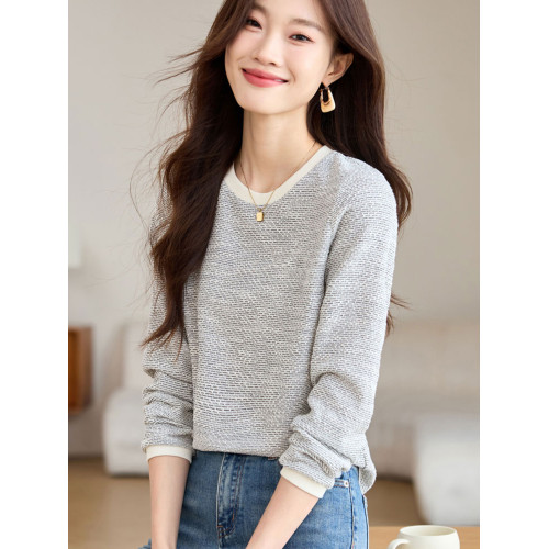 拉夏貝爾Puella2025年冬季小香風正肩圓領長袖T恤女休閒拼色上衣