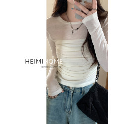 拼接網紗長袖t恤女春夏季薄款設計感褶皺打底衫修身顯瘦短款上衣