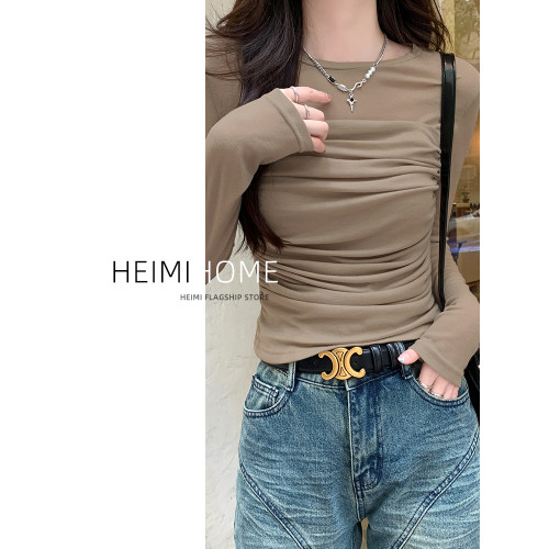 拼接網紗長袖t恤女春夏季薄款設計感褶皺打底衫修身顯瘦短款上衣