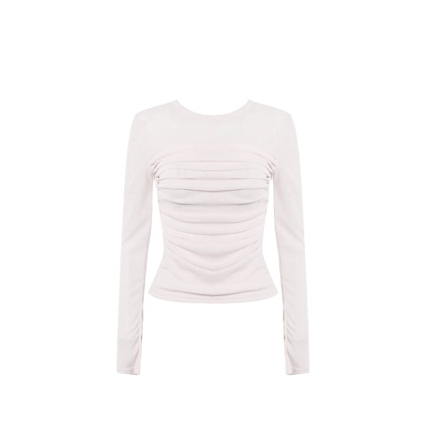 拼接網紗長袖t恤女春夏季薄款設計感褶皺打底衫修身顯瘦短款上衣