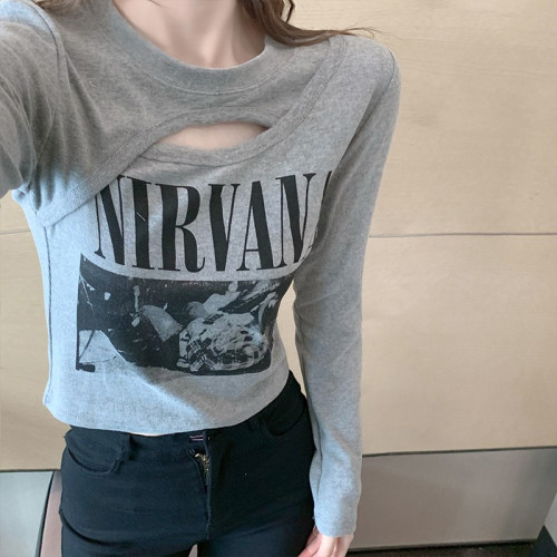 假兩件長袖t恤女春秋韓版修身顯瘦內搭打底衫設計感炸街短款上衣