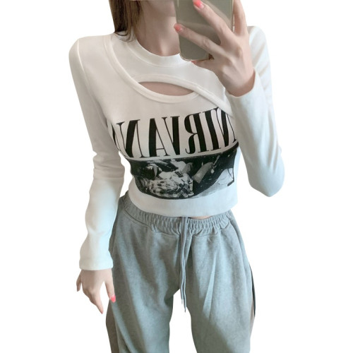 假兩件長袖t恤女春秋韓版修身顯瘦內搭打底衫設計感炸街短款上衣