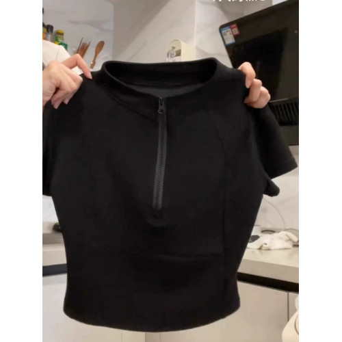 美式黑色正肩拉鍊短袖t恤女夏季2025新款設計感小衆修身短款上衣