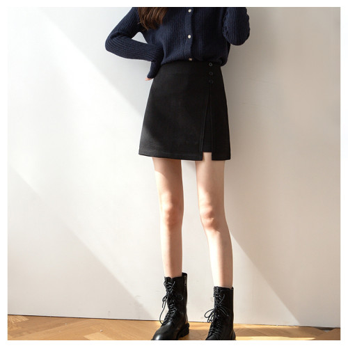 黑色毛呢半身裙秋冬新款不規則A字裙顯瘦開叉高腰大碼短裙