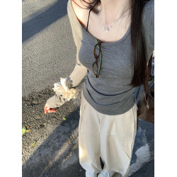 U領抽褶收腰正肩長袖t恤女秋冬2024新款美式修身內搭打底短款上衣