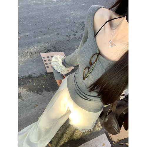 U領抽褶收腰正肩長袖t恤女秋冬2024新款美式修身內搭打底短款上衣 U領抽褶收腰正肩長袖t恤女秋冬2024新款美式修身內搭打底短款上衣