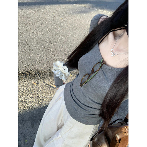 U領抽褶收腰正肩長袖t恤女秋冬2024新款美式修身內搭打底短款上衣 U領抽褶收腰正肩長袖t恤女秋冬2024新款美式修身內搭打底短款上衣