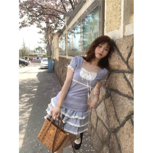 夏季新款顯瘦U領花邊芭蕾風T恤女設計感小衆甜妹短袖純棉上衣女