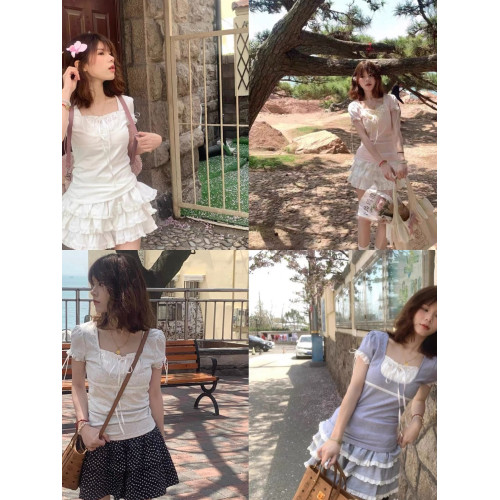 夏季新款顯瘦U領花邊芭蕾風T恤女設計感小衆甜妹短袖純棉上衣女