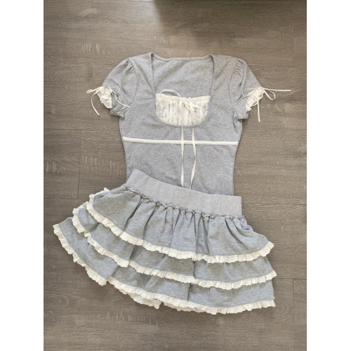 夏季新款顯瘦U領花邊芭蕾風T恤女設計感小衆甜妹短袖純棉上衣女