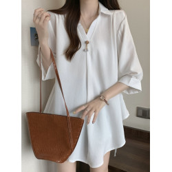 大碼夏季新款黑色V領正肩雪紡半袖襯衫胖mm顯瘦遮肚子中長款上衣