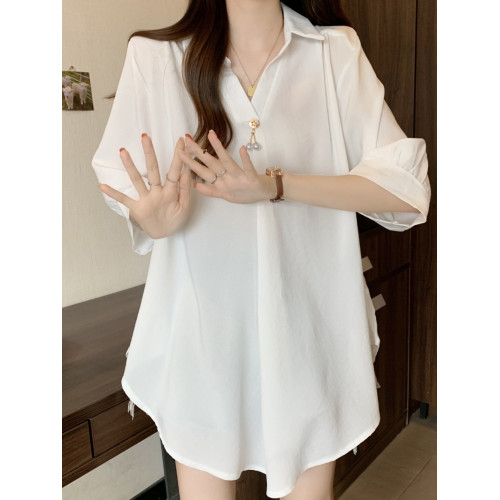 大碼夏季新款黑色V領正肩雪紡半袖襯衫胖mm顯瘦遮肚子中長款上衣