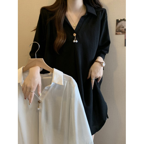 大碼夏季新款黑色V領正肩雪紡半袖襯衫胖mm顯瘦遮肚子中長款上衣