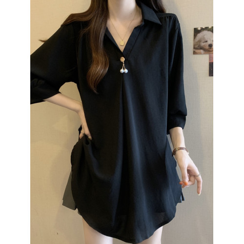 大碼夏季新款黑色V領正肩雪紡半袖襯衫胖mm顯瘦遮肚子中長款上衣