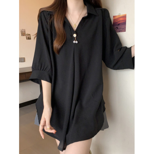 大碼夏季新款黑色V領正肩雪紡半袖襯衫胖mm顯瘦遮肚子中長款上衣